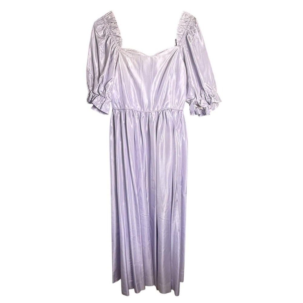 Vintage 70s Lavender Purple Fairy Princess Maxi Long Dress Satin Puff Sleeve MED
